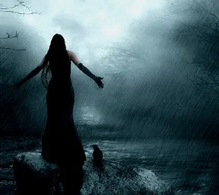 تصویر استوک انیمە مخوف از دختر لباس مشکی رنگ و کلاغی بالای تختە سنگی در باران انیمەای رگباری