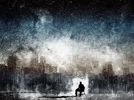 تصویر استوک اندوهناک از فردی کە بە تنهایی روی صندلی در مقابل آسمان خراش‌های بلند کثیف نشستە باکیفیت تاپ