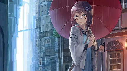 دانلود عکس انیمە دختر دلفریب چشم عینکی با چتری در باران انیمەای و لباس‌های خوشگل
