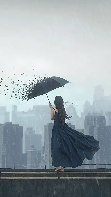 تصویر انیمە فانتزی دختر لباس دامن مشکی رنگ همراە چتری در باران واقعی باکیفیت عالی
