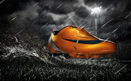 عکس شاهکار از کفش فوتبال نارنجی رنگ Nike با زمینه بارانی تاریک 