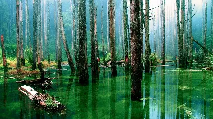 عکس تنە درختان پرورش یافتە در آب شفاف و تر و تمیز رودخانه آمازون باکیفیت اچ دی