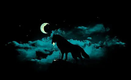تصویر خارق العاده از گرگ با وجود ماه در سبزآبی آسمان شب