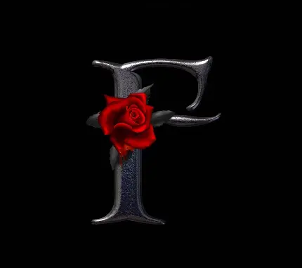 تصویر فانتزی از F آهنی با گل رز قرمز رنگ در زمینە مشکی