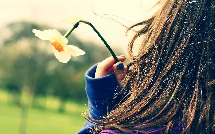 تصویر زمینه فول اچ دی از دختر مو طلایی با گل نرگس در دست