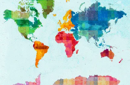 عکس گرافیکی تماشایی از نقشه جهان از بالا با رنگ های متنوع 