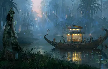 نقاشی قدیمی عتیقه از رود نیل در شب بارانی اسرار آمیز 