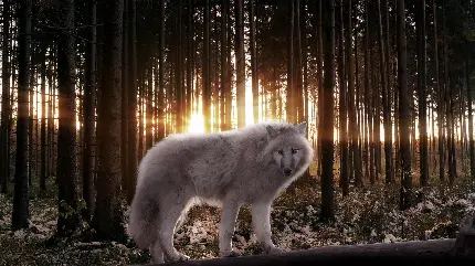 والپیپر تماشایی و چشمگیر از گرگ سفید در نور غروب