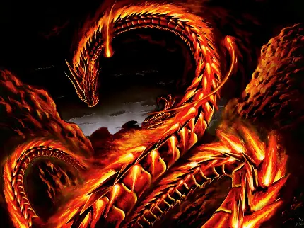 عکس زمینه 8K با طرح ترسناک اژدهای عظیم از جنس آتش