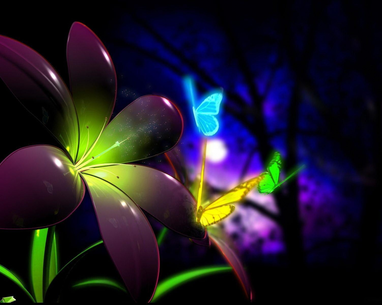 عکس سه بعدی پروانه آبی و گل جادویی نورانی برای پروفایل دخترونه