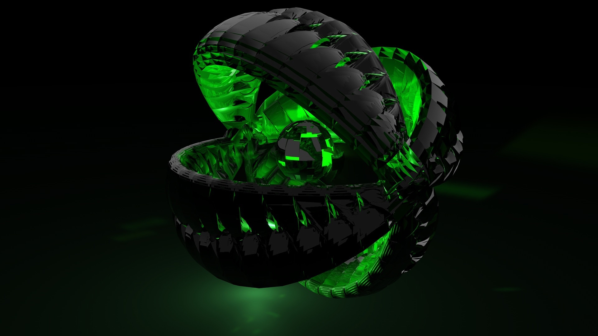 والپیپر سه بعدی مشکی گوی کریستالی در محفظه ای با نور سبز 