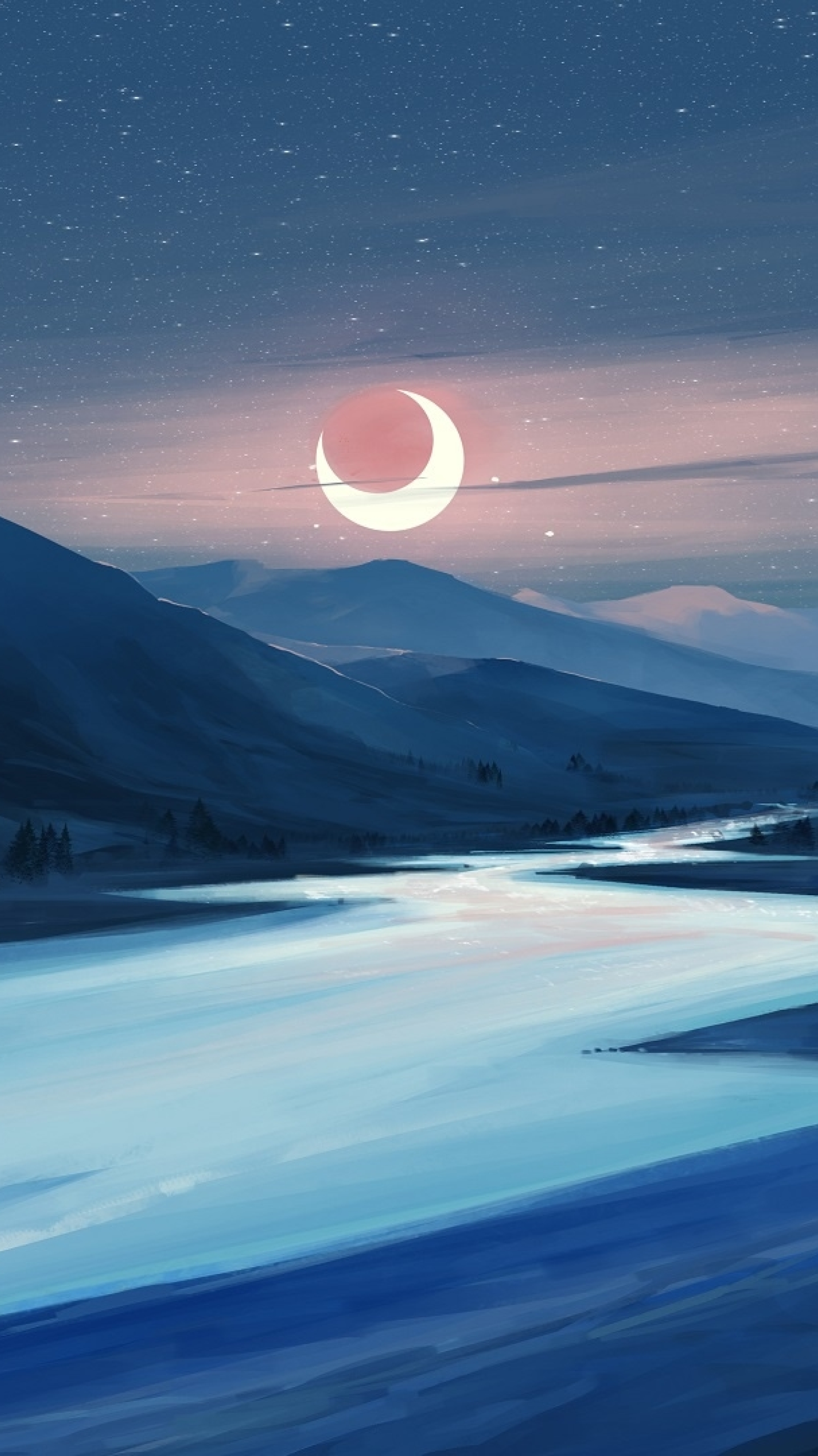 والپیپر رودخانه آرام زیر نور هلال ماه مناسب گوشی همراه ویوو y33s