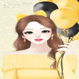 چاپ قاب موبایل و گوشی تصویر استوک دختر دلربا با بادکنک‌های مشکی و زرد در دستش و لباس زرد رنگ و موهای زیبا