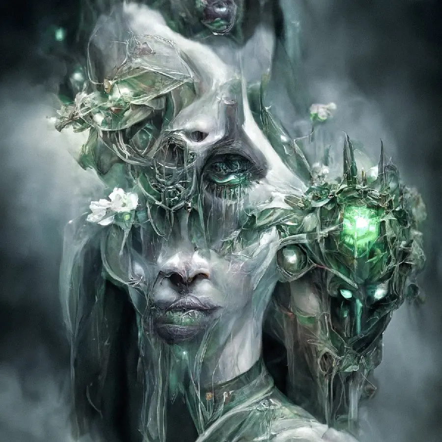 تصویر چهره عجیب و شکوهمند دختر در هوش مصنوعی با تم سبز و نقره ای