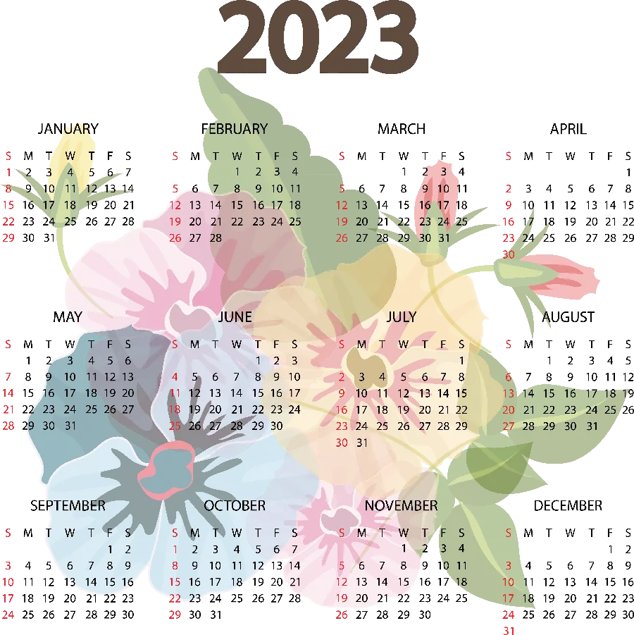 تصویر تقویم سال 2023 از گلهای زیبا بدون پس زمینه