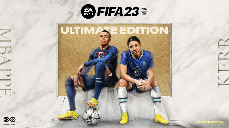 کاور پربازدید بازی FIFA 23 با طرح کیلیان امباپه و سم کر
