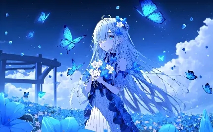 زیباترین Wallpaper آبی تبلت از دختر انیمه ای با تزئین گل و پروانه 