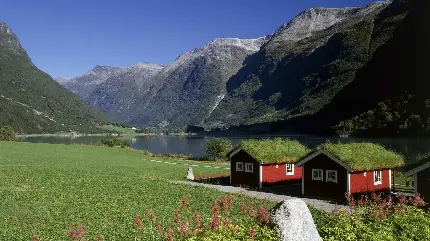تصویر کلبه های کوچک قرمز در طبیعت کوهستان