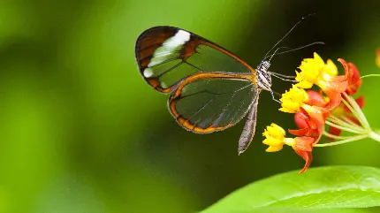 تصویر پروانه با بالهای شفاف از نزدیک بر روی گل واقعی