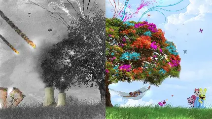 مقایسه آلوده و پاک بودن طبیعت و محیط زیست با تصویر دو طرفه از درخت