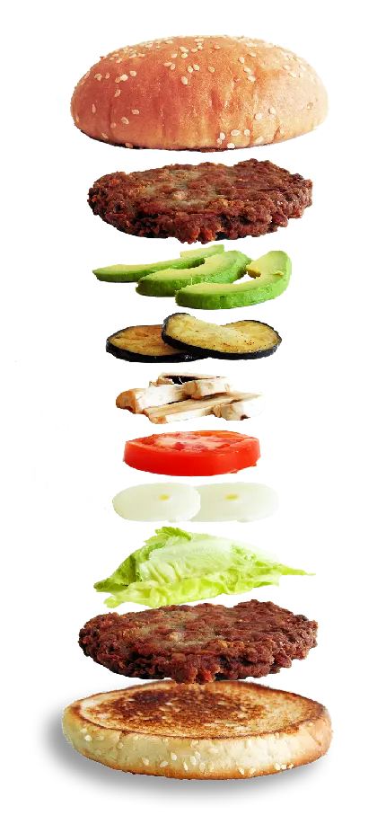 تصویر لایه های خوشمزه از همبرگر گوشت و سبزیجات 