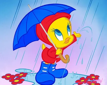 عکس کارتونی جوجه اردک زرد بامزه با چتر آبی در باران