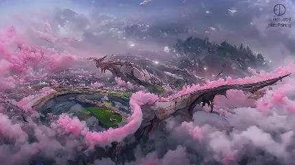 تصویر سرزمین تماشایی با ابرهای صورتی تولید شده توسط Artificial Intelligence