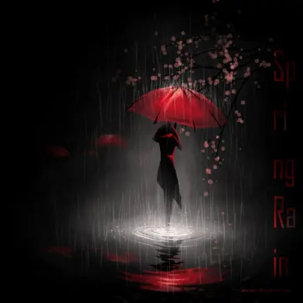 عکس زمینه دارک دختر با چتر قرمز زیر باران برای لپتاپ