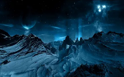تصویر علمی تخیلی ماه بر فراز کوهستان برفی با تم آبی درخشان