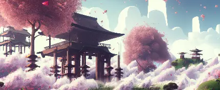 نقاشی محبوب هوش مصنوعی از خانه های سنتی ژاپن میان انبوه شکوفه های صورتی درختان