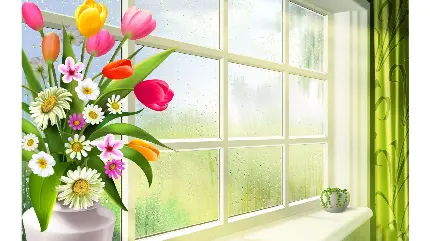 نقاشی گلدان گل بهاری لب پنجره برای زمینه با وضوح hd