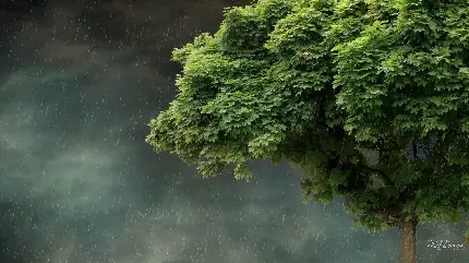 دلنشین ترین عکس درخت سبز بزرگ در بارش شدید باران