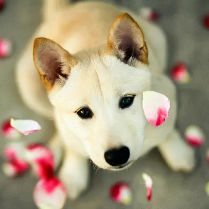 تصویر سگ هاسکی سفید با گلبرگ های قرمز خوشرنگ