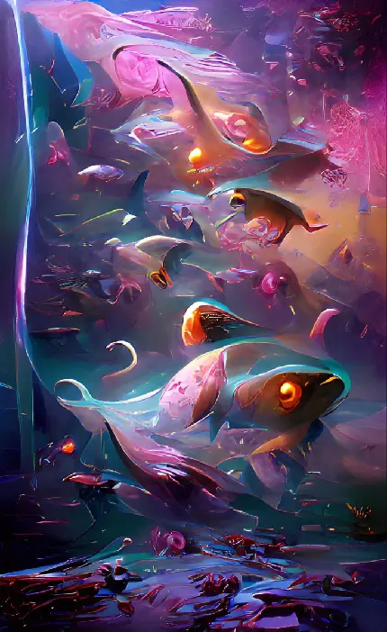 عجیی ترین تصویر هوش مصنوعی از موجودات زیر دریا با هاله رنگی صورتی خوشگل 