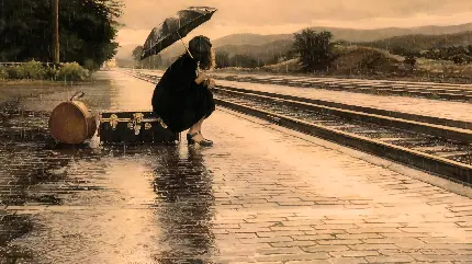 عکس غمگین دختر تنها در ایستگاه قطار زیر باران با چتر