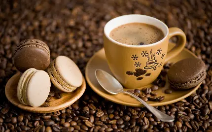عکس هنری از قهوه و شیرینی ماکارون خوشمزه دانلود رایگان