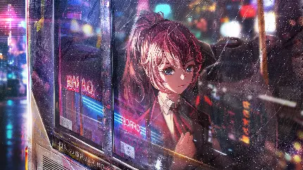 پروفایل دختر انیمه ای لاکچری زیبا در اتوبوس شهری در شب بارانی