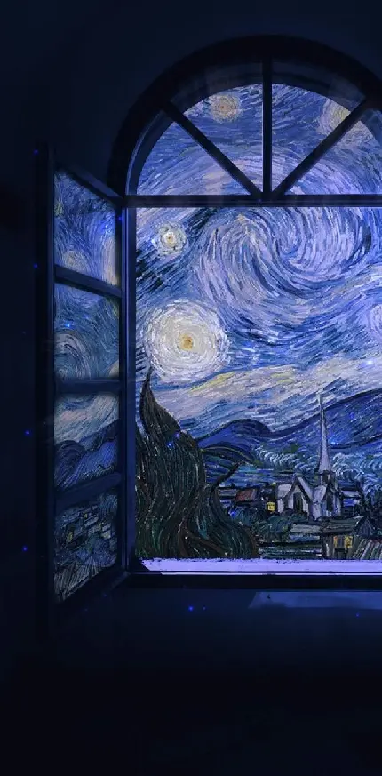 دانلود عکس پروفایل نقاشی شب پرستاره ون گوگ در نمای پنجره