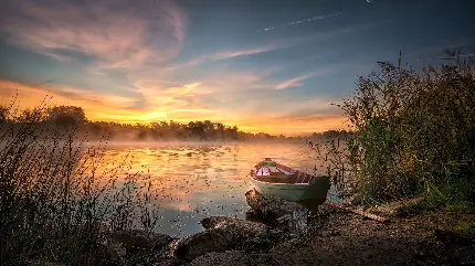 والپیپر طبیعت زیبا واقعی قایق چوبی در کنار دریاچه مه گرفته