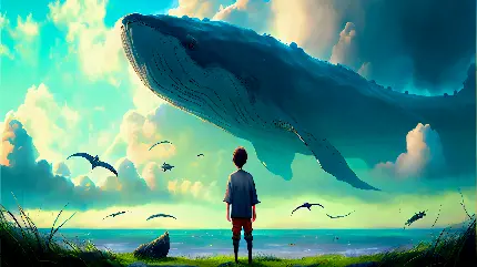 تصویر پسر بچه در حال تماشای پرواز نهنگ بر فراز دریا ساخته شده توسط هوش مصنوعی