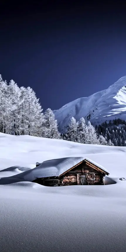 والپیپر و عکس کلبه ای در دامنه کوه برفی برای موبایل اندروید