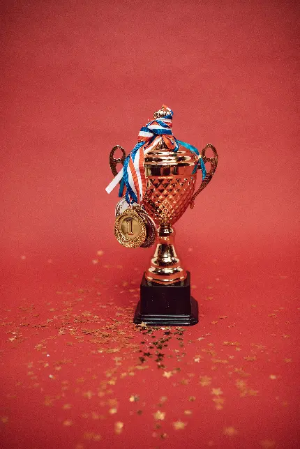 عکس جام طلایی موفقیت و مدال های قهرمانی ارزشمند روی فرش قرمز