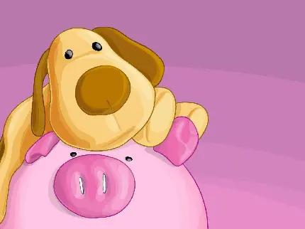 سگ بامزه و خوک صورتی در یک نقاشی بچگانه 2023