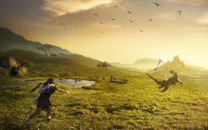 تصویر فانتزی استخوان پرت کردن برای دایناسور در عصر قدیم