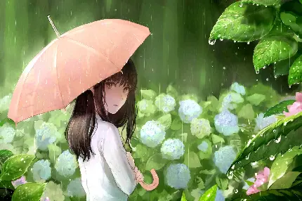 پروفایل کارتونی دختر با چتر در باران در فصل بهار سبز