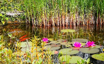 عکس زمینه دریاچه آرام با نیلوفر های آبی برای ویندوز 11