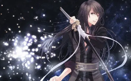 تصویر پسر انیمه ای مو بلند مشکی با شمشیر سامورایی