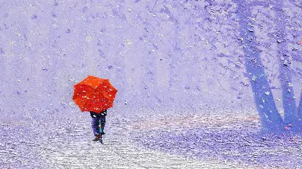 نقاشی روح بخش باران در بهار با چتر قرمز و هاله بنفش