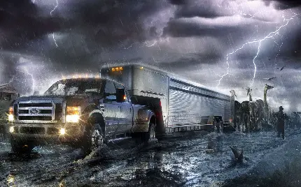 تصویر حیوانات جنگل پشت حرکت کامیون در توفان