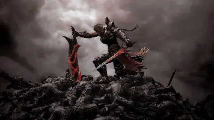 خفن ترین عکس جنگجو با شمشیر جادویی بر روی تپه ای از مردگان